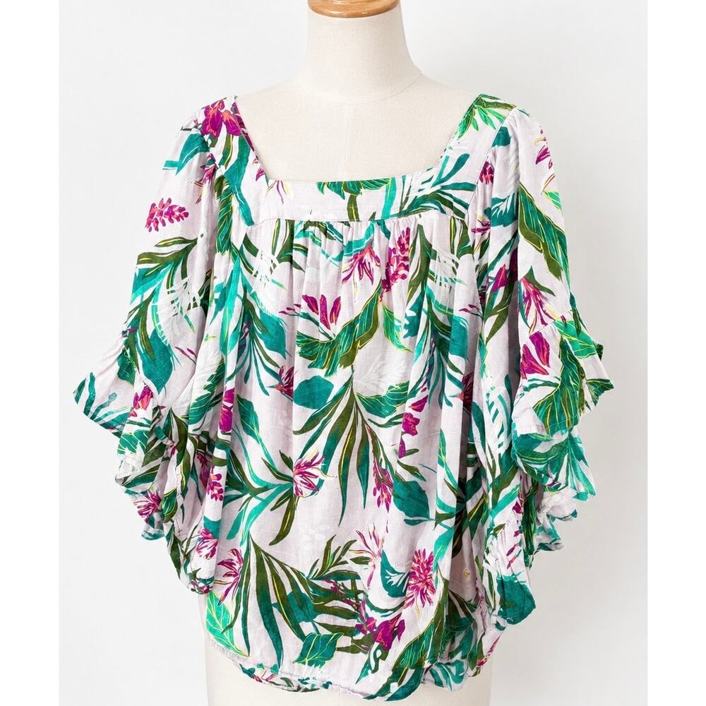 Terra & Sky Tropical Floral Flutter Sleeve Peasant Blouse 3X Cotton